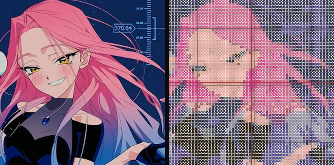 Left: a portrait of Mizi with pink hair against a dark blue background. Right: the same portrait converted into a 58 by 58 grid of coloured fuse beads.