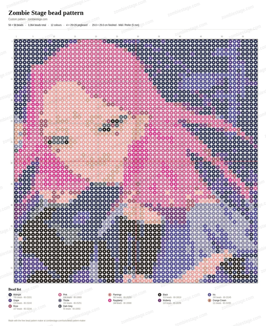 A printable bead chart sheet: title, bead and colour counts, a numbered 58 by 58 grid of beads with red pegboard seams, and a legend listing each Perler colour with its SKU and bead count.
