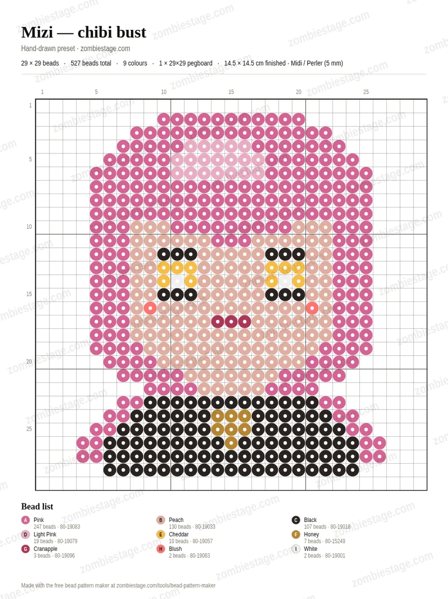 The Mizi chibi preset chart: a 29 by 29 bead portrait with pink hair, printed with a numbered grid and a legend of eight Perler colours with SKUs and bead counts.