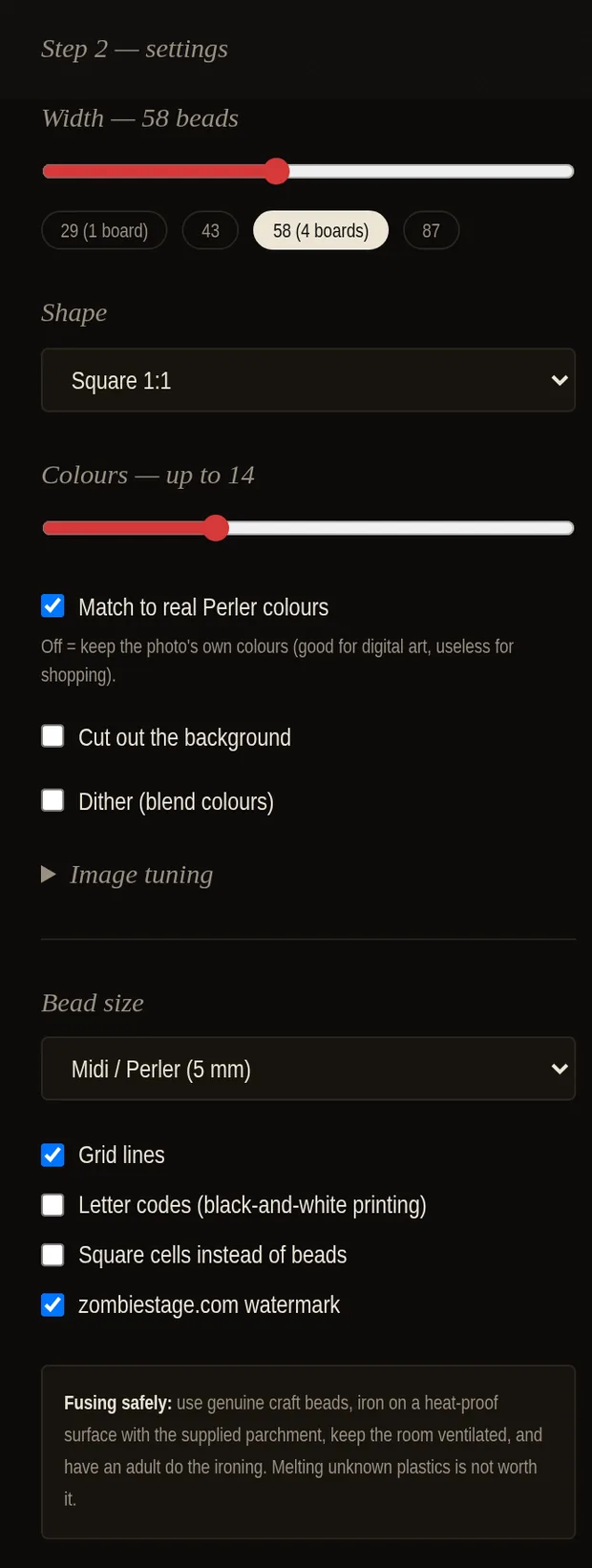 The settings panel: width slider set to 58 beads, shape selector, colour slider set to 14, checkboxes for Perler matching, background removal and dithering, bead size selector, and grid and watermark options.